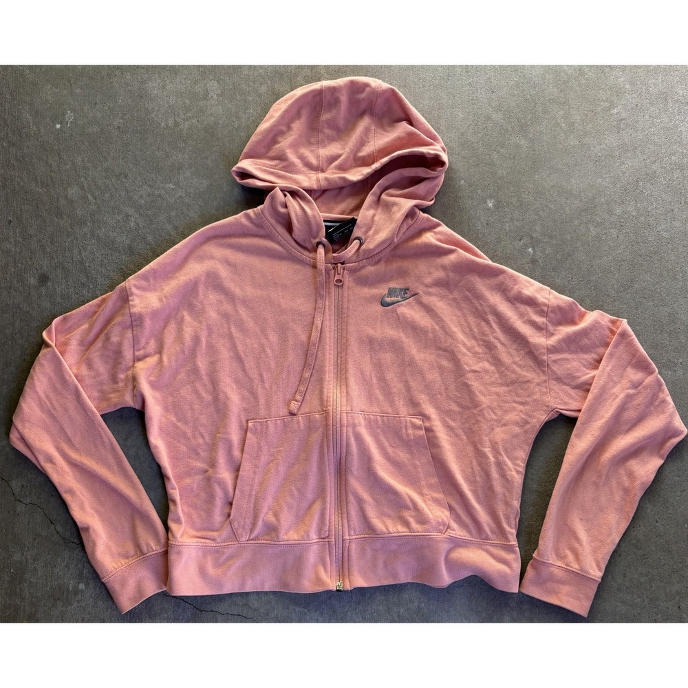 Nike Womens Cropped Full Zip Hoodie Pink Performance Swoosh Logo Pockets XS